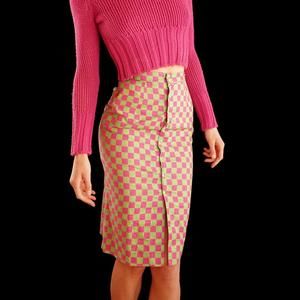 Vintage 80s Fiorucci pink and green checkered midi pencil skirt